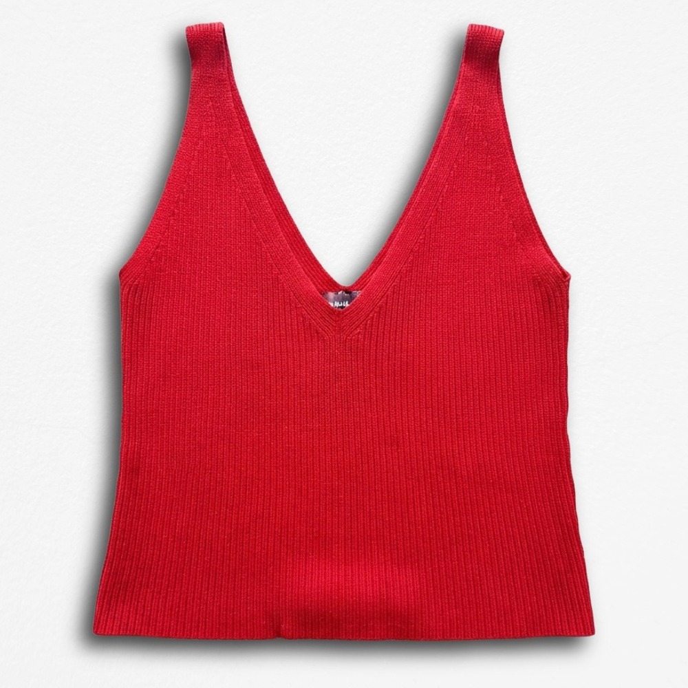 Brandy Melville Red Ribbed Knit Deep V-Neck‎ Tank Top Sleeveless Vest One Size